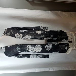 Freshman black floral duster cardigan with lace trim in a size small